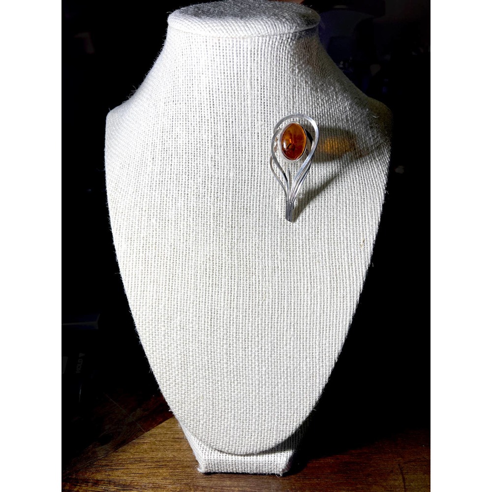 Vintage Baltic Amber Sterling Silver Brooch Pin